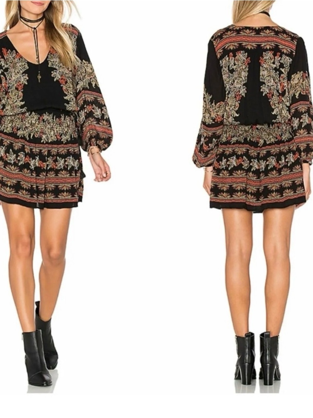 Free People Black Moonlight Drive Black Smocked Long Sleeve Dress Woman Medium